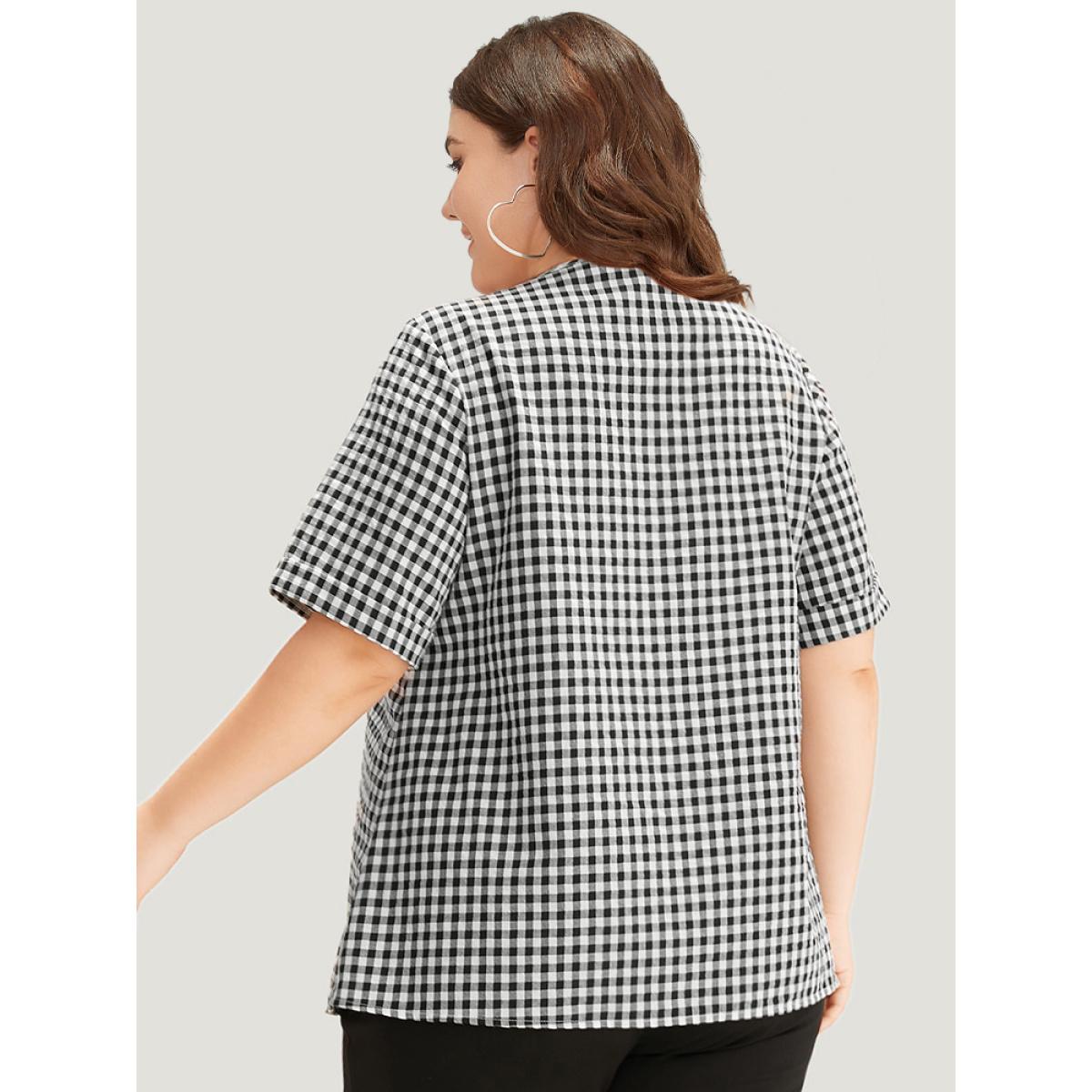 Plus Size Black Gingham V Neck Button Through Blouse Women Office Short sleeve V-neck Work Blouses BloomChic 22-24/3X Product Image