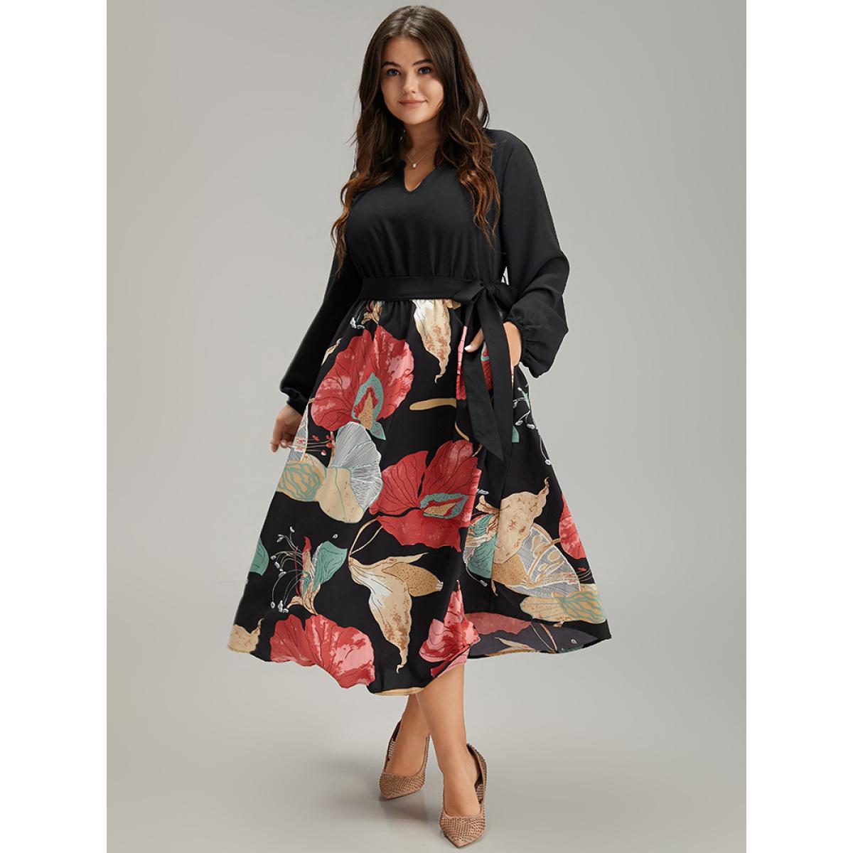 Plus Size Floral Print Patchwork Notched Belted Dress Black Women Elegant Elastic cuffs Notched collar Long Sleeve Curvy Midi Dress BloomChic 10/M Product Image