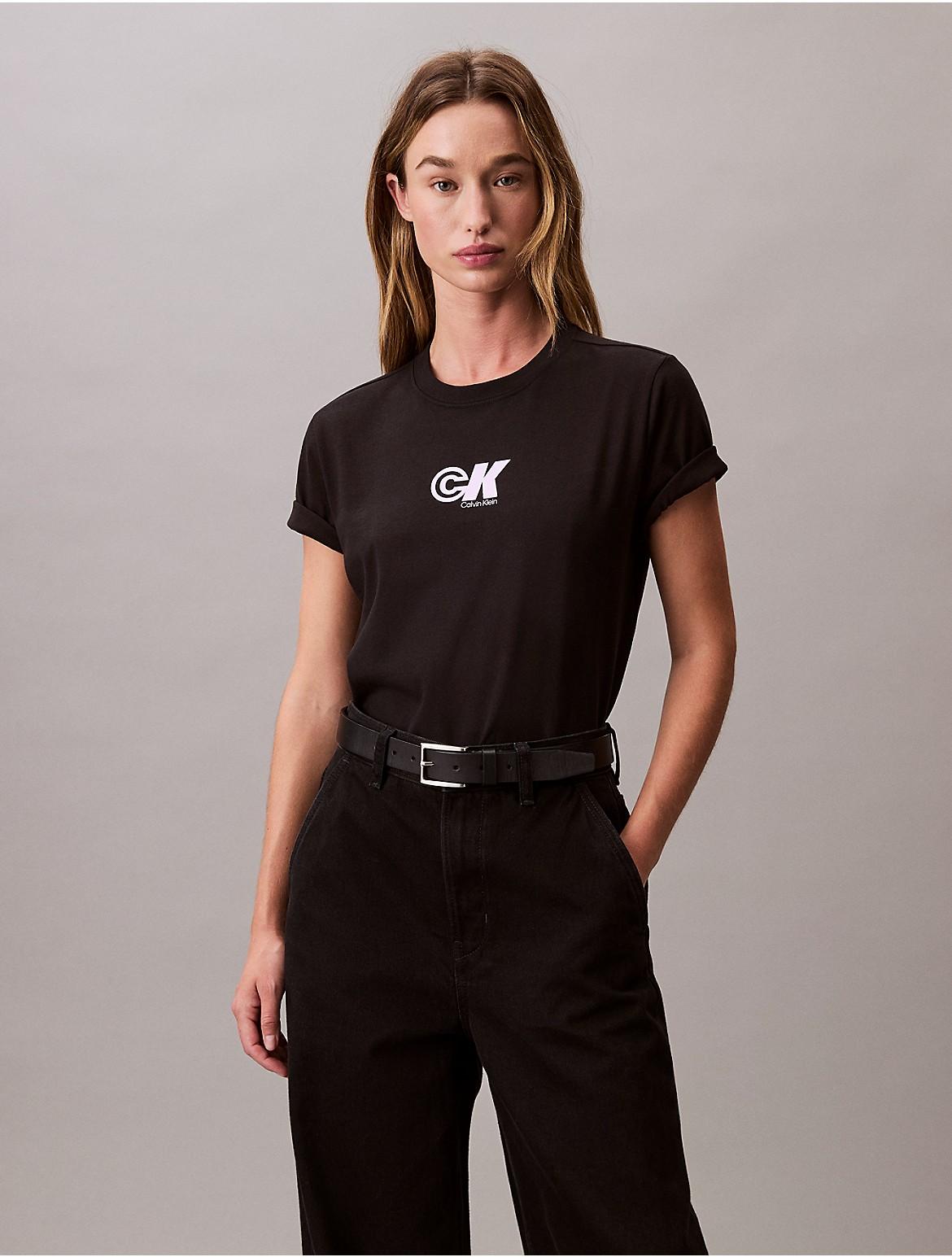 Calvin Klein Womens Monogram Logo Graphic Slim T-Shirt Product Image