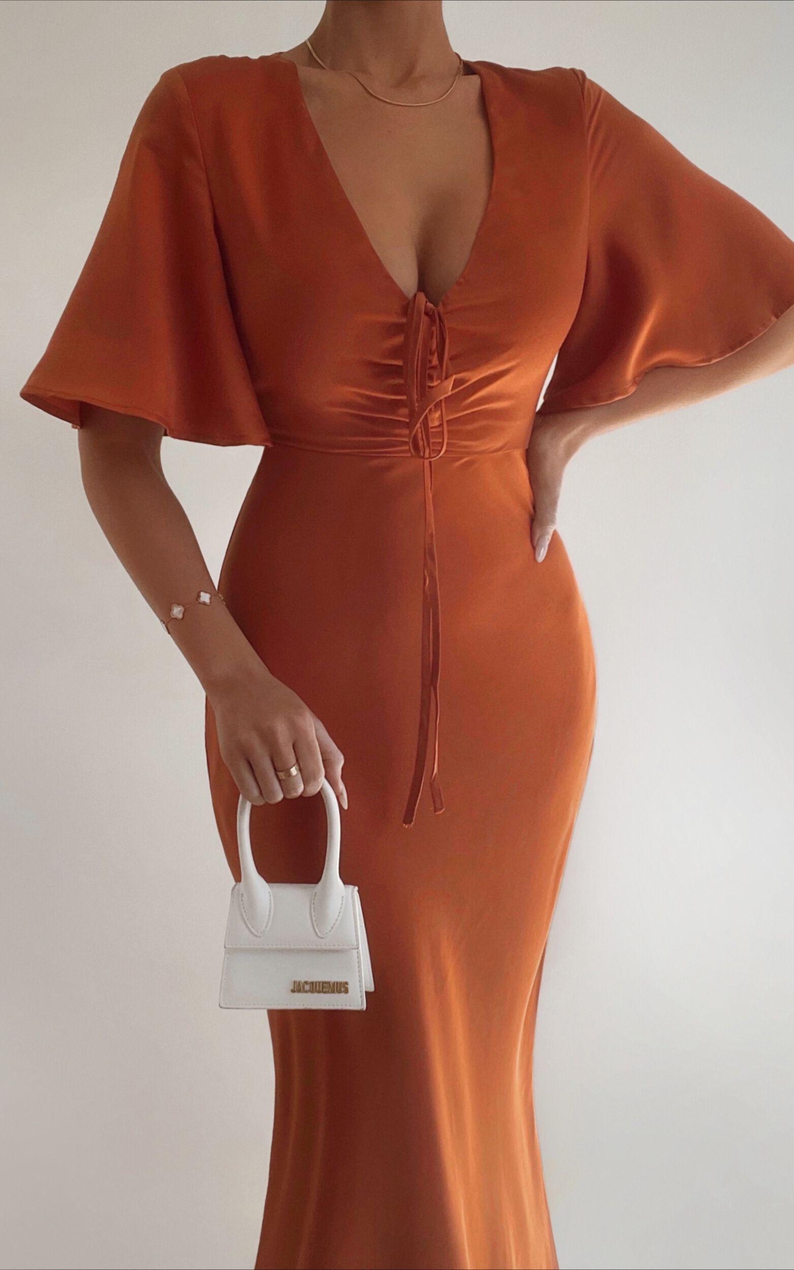 Nicholla Midi Dress - Ruched Front Angel Sleeve Slip Dress in Copper Product Image