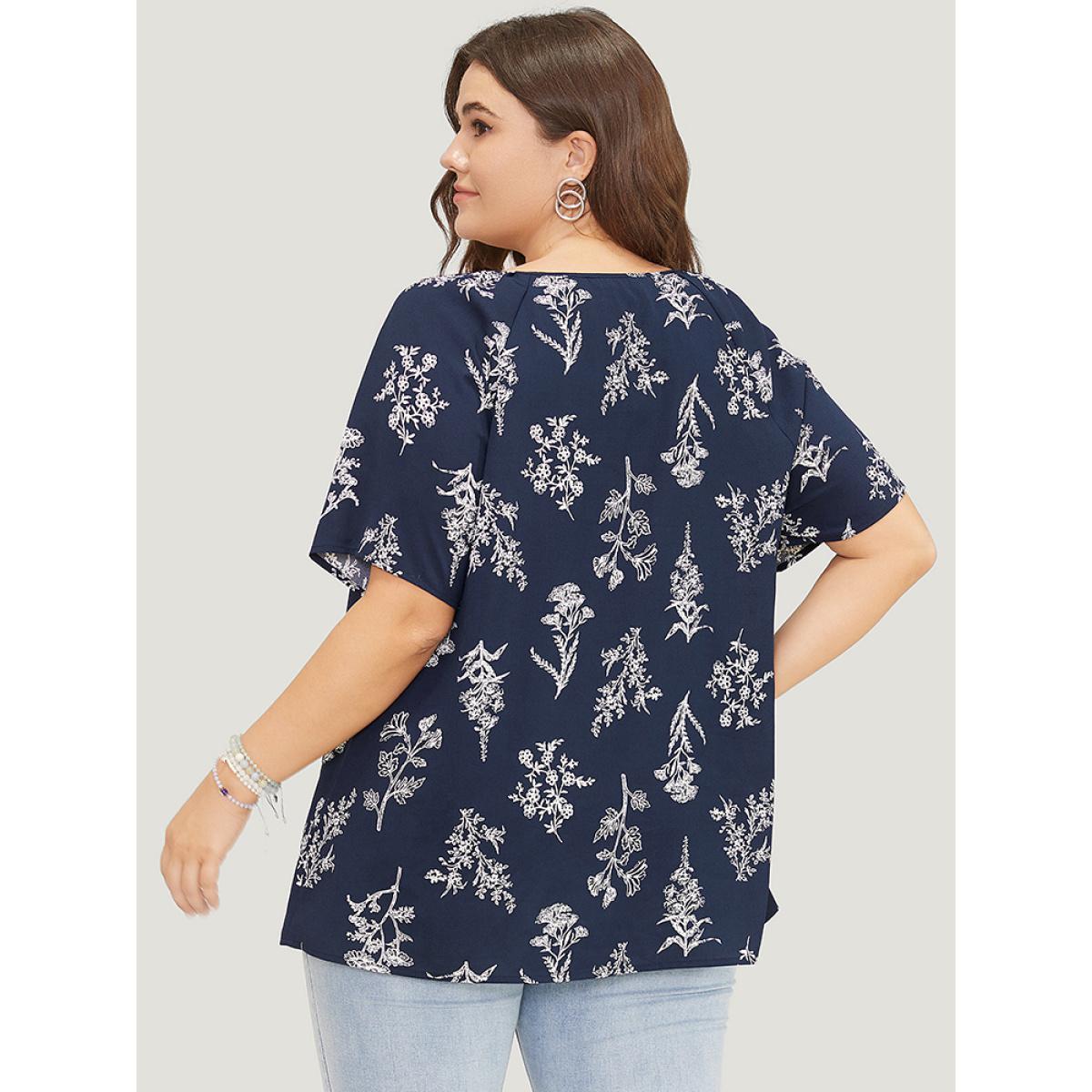 Plus Size Indigo Floral Tassels Tie Neck Contrast Lace Blouse Women Elegant Short sleeve Tie Neck Dailywear Blouses BloomChic 28/5X Product Image