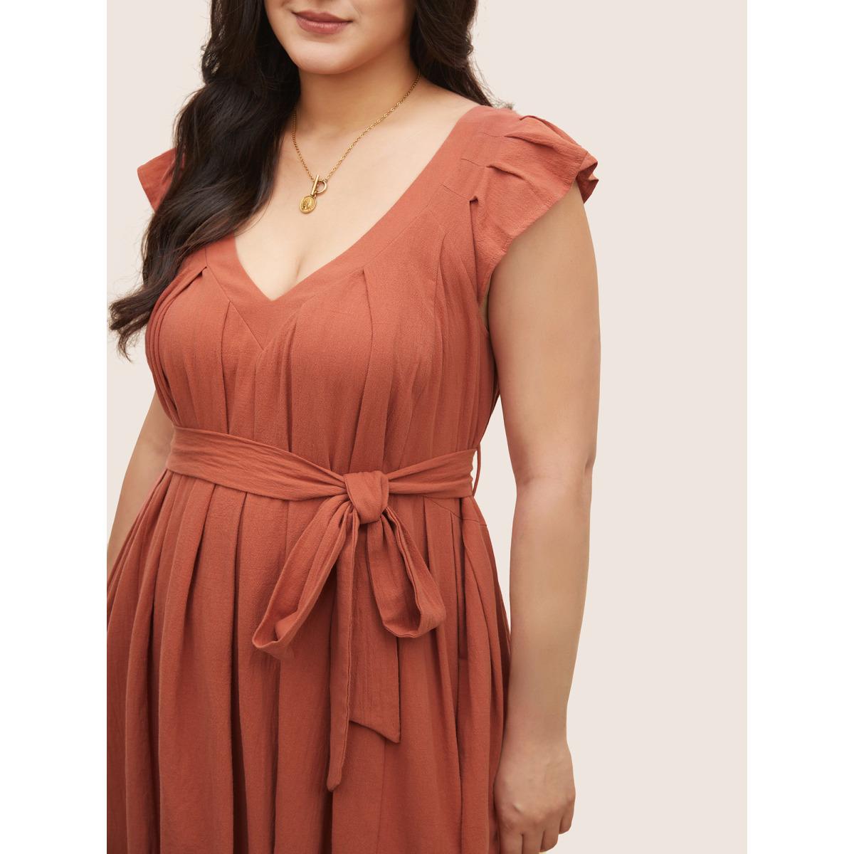 Plus Size Solid Flounce Sleeve Plicated Detail A Line Dress Rust Women Resort Non V-neck Cap Sleeve Curvy BloomChic 26/4X Product Image