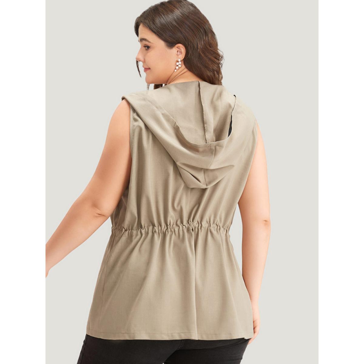Plus Size Contrast Trim Hooded Elastic Waist Drawstring Sleeveless Jacket Women LightBrown Casual Contrast Ladies Dailywear Winter Coats BloomChic 18-20/2X Product Image