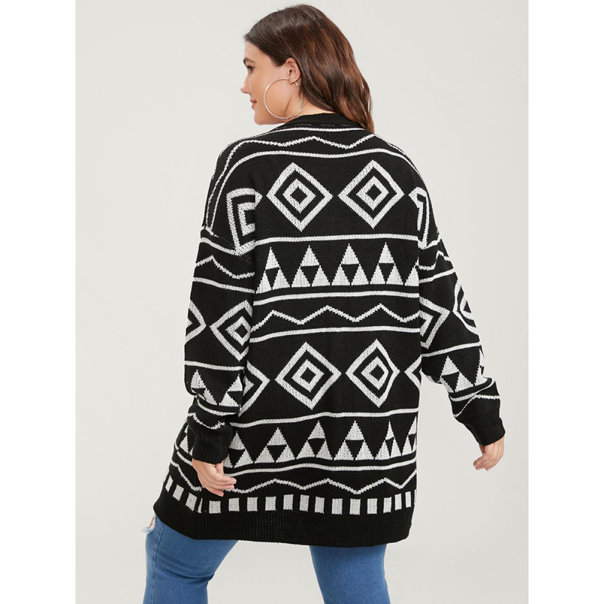 Plus Size Geometric Contrast Pointelle Knit Jacquard Pocket Button Front Cardigan BlackFlower Women Casual Loose Long Sleeve Dailywear Cardigans BloomChic 22-24/3X Product Image