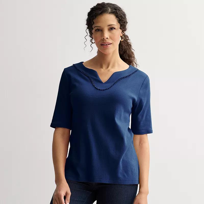 Petite Croft & Barrow Bobble Trim Splitneck Top, Womens Felix Blue Product Image