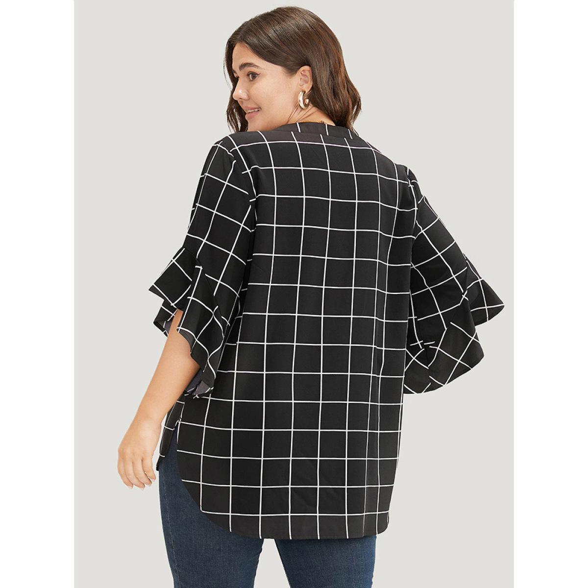 Plus Size Black Plaid Notched Button Up Ruffle Sleeve Split Hem Blouse Women Office Elbow-length sleeve Notched collar Work Blouses BloomChic 28/5X Product Image