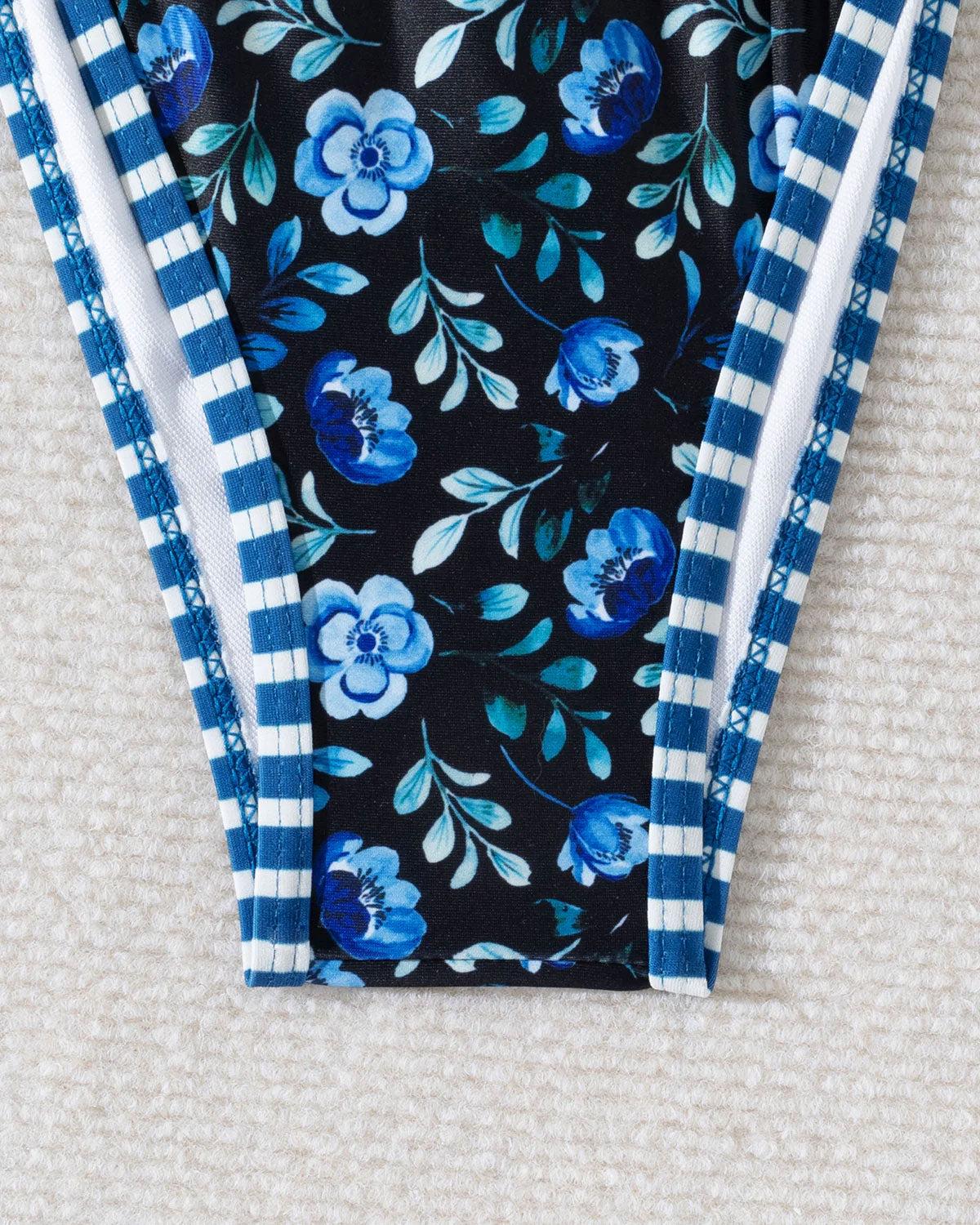 Royal Blue Knit Print Contrast Bikini Set Product Image