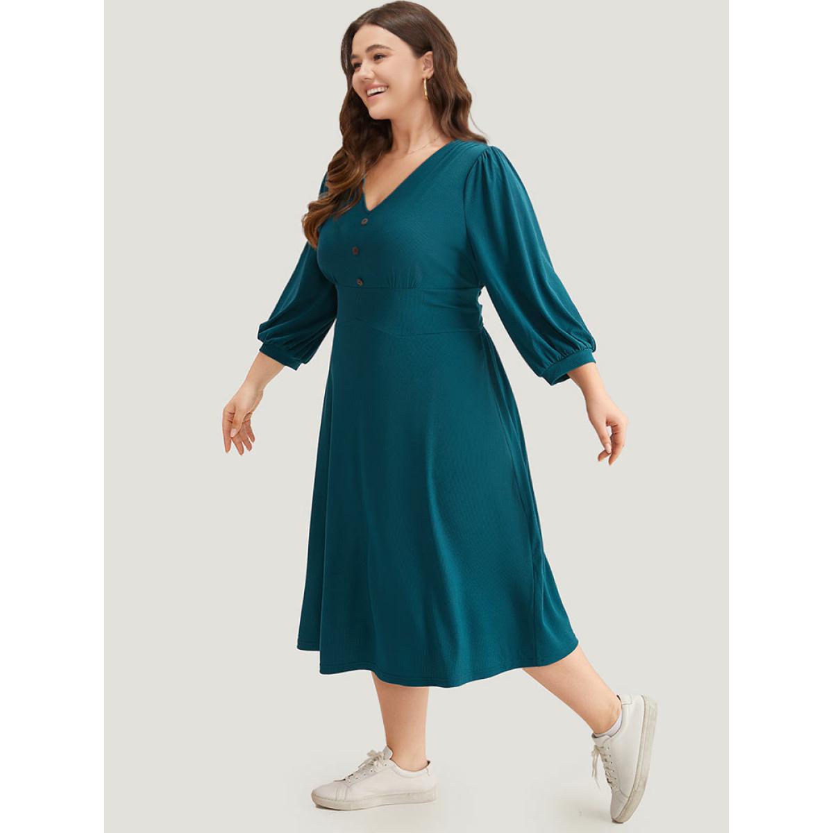 Plus Size Rib Knit Bowknot Ties Button Detail Gathered Dress Aegean Women Casual Plain V-neck Elbow-length sleeve Curvy Midi Dress BloomChic 22-24/3X Product Image