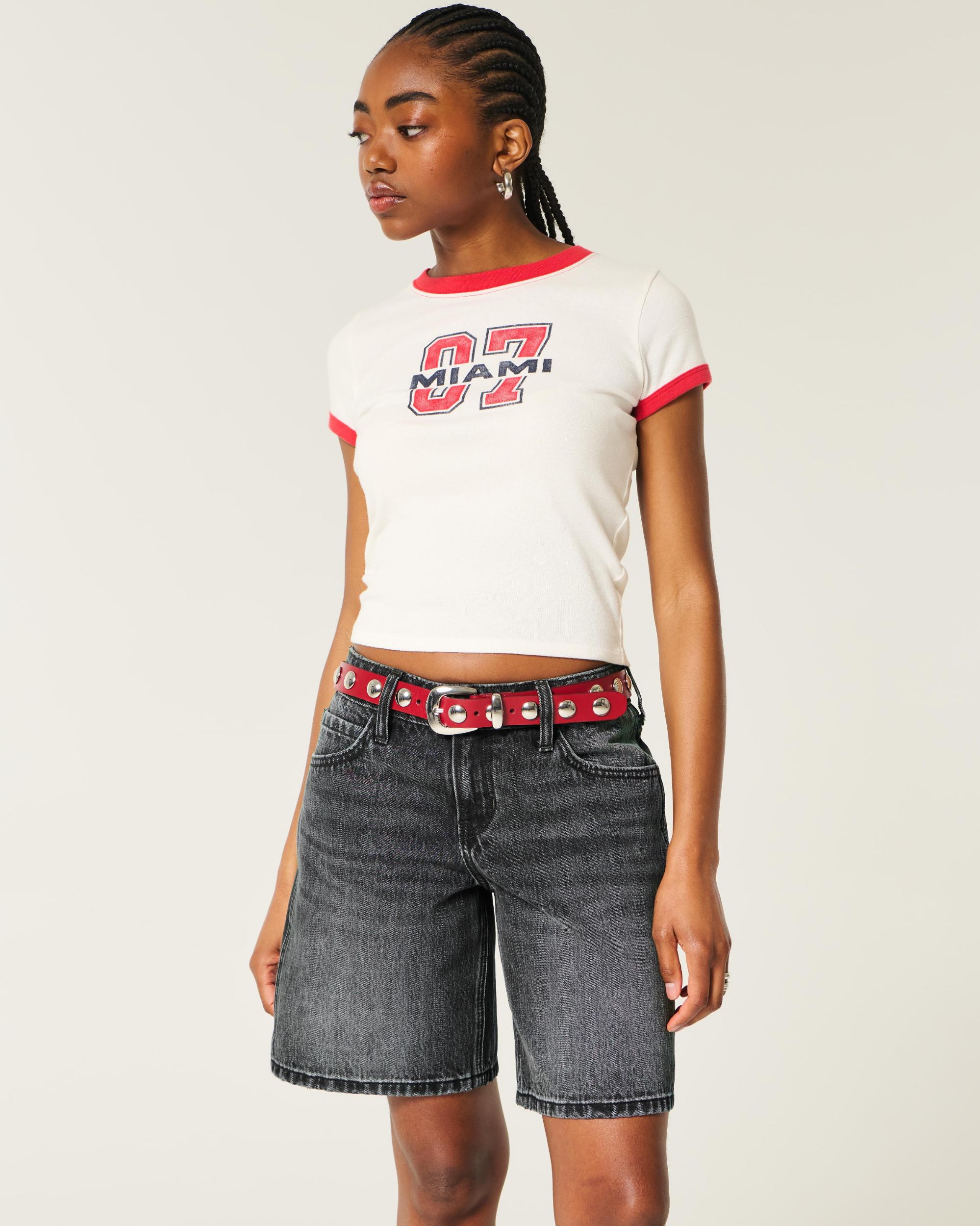 Low-Rise Medium Wash Number Graphic Baggy Jort Product Image