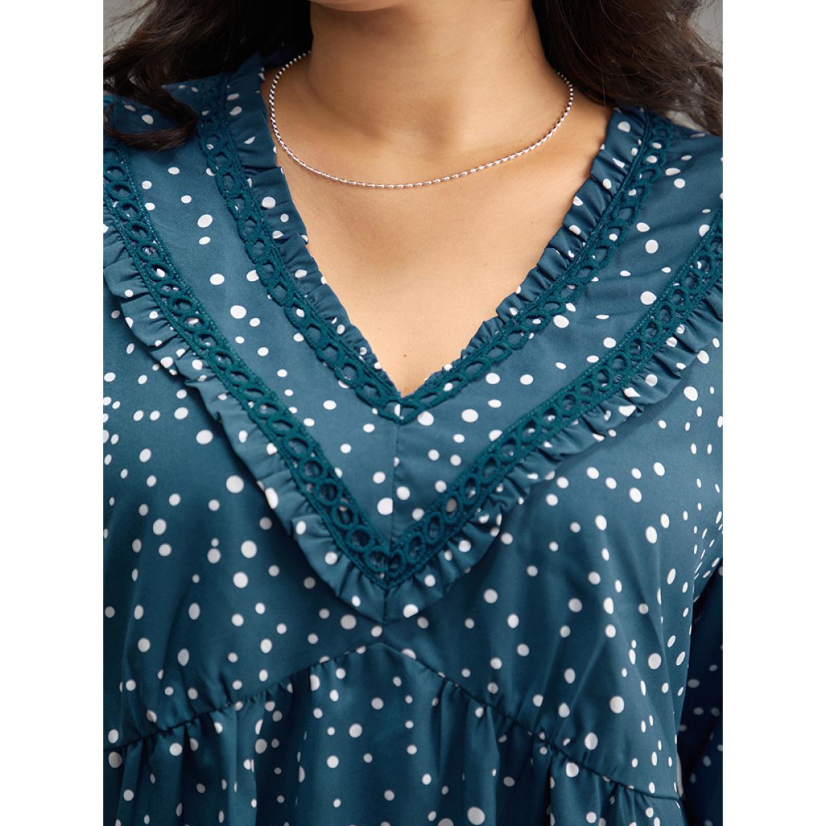 Plus Size Aegean Guipure Lace Polka Dot Blouse Women Elegant Long Sleeve V-neck Dailywear Blouses BloomChic 18-20/2X Product Image