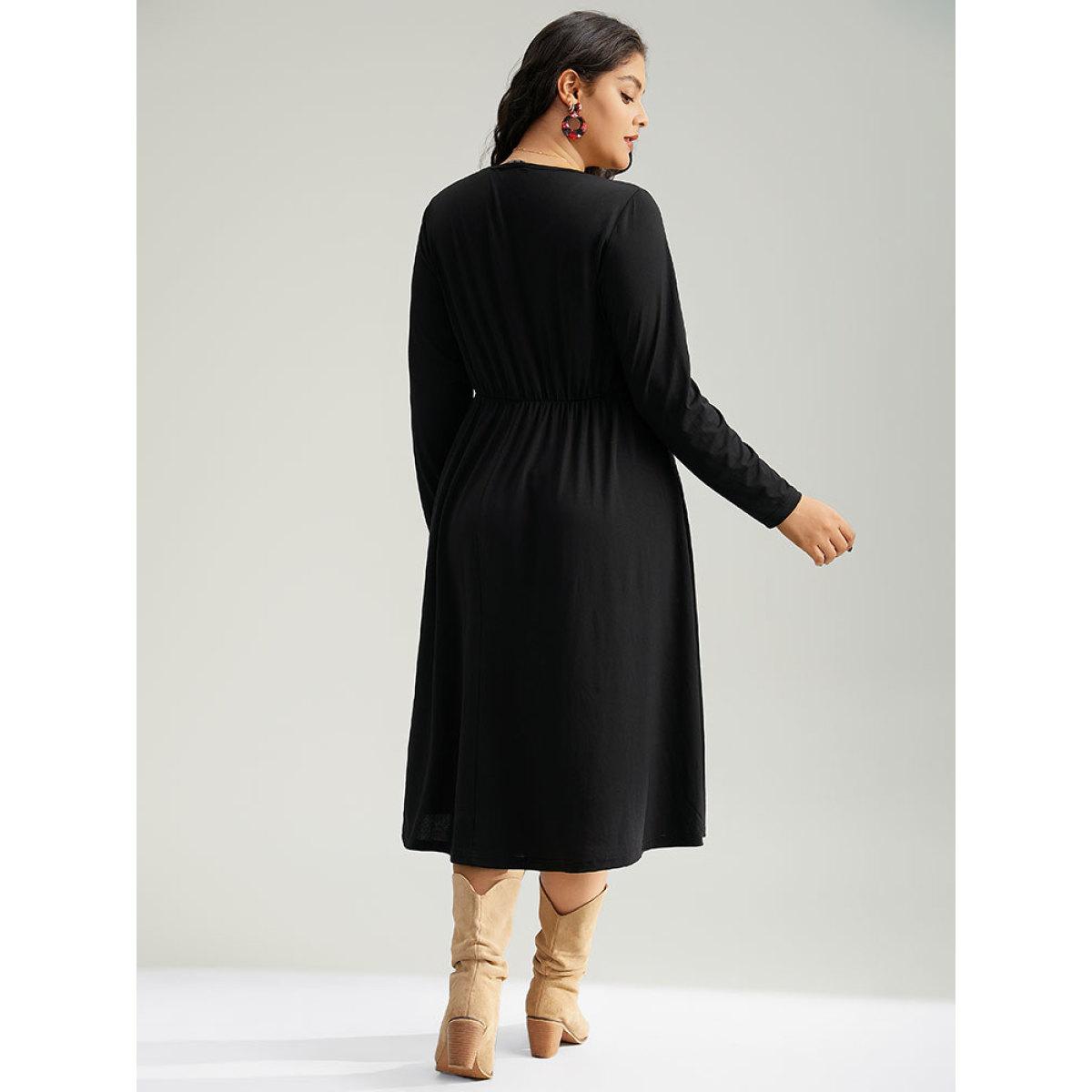 Plus Size Christmas Plaid Patchwork Button Detail Dress Black Women Elegant Printed Round Neck Long Sleeve Curvy Midi Dress BloomChic 18-20/2X Product Image