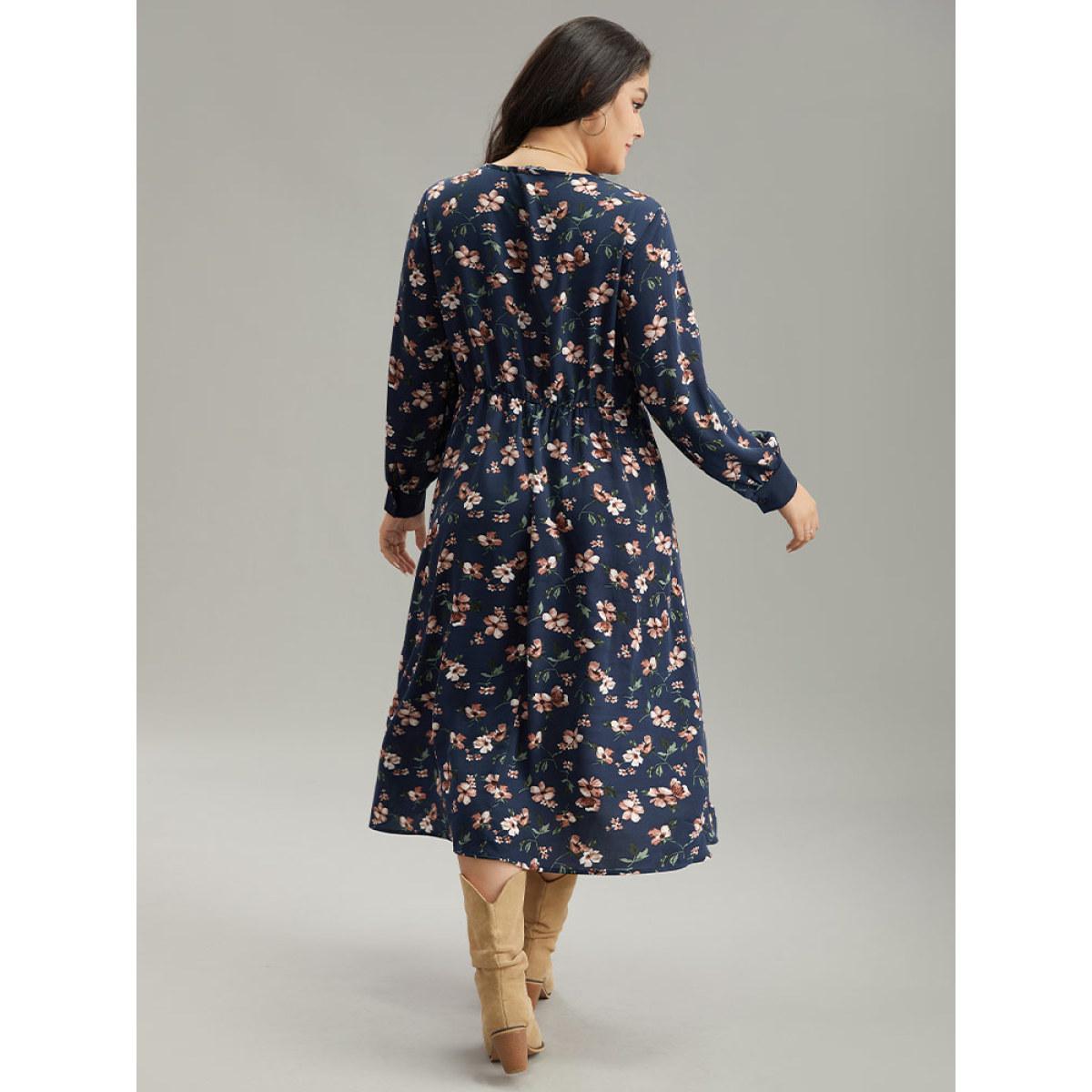 Plus Size Floral Print Elastic Waist Split Hem Dress Indigo Women Vacation Printed V-neck Long Sleeve Curvy Midi Dress BloomChic 22-24/3X Product Image