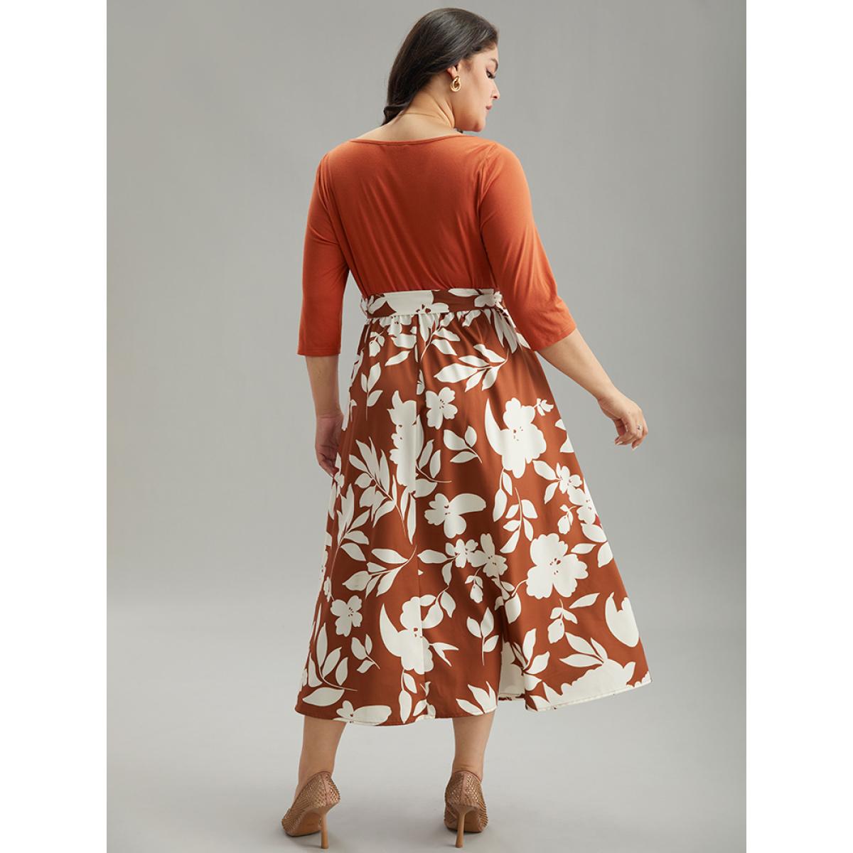 Plus Size Silhouette Floral Print Cowl Neck Belted Split Hem Dress Chocolate Women Office Gathered Cowl Neck Long Sleeve Curvy Midi Dress BloomChic 14-16/1X Product Image