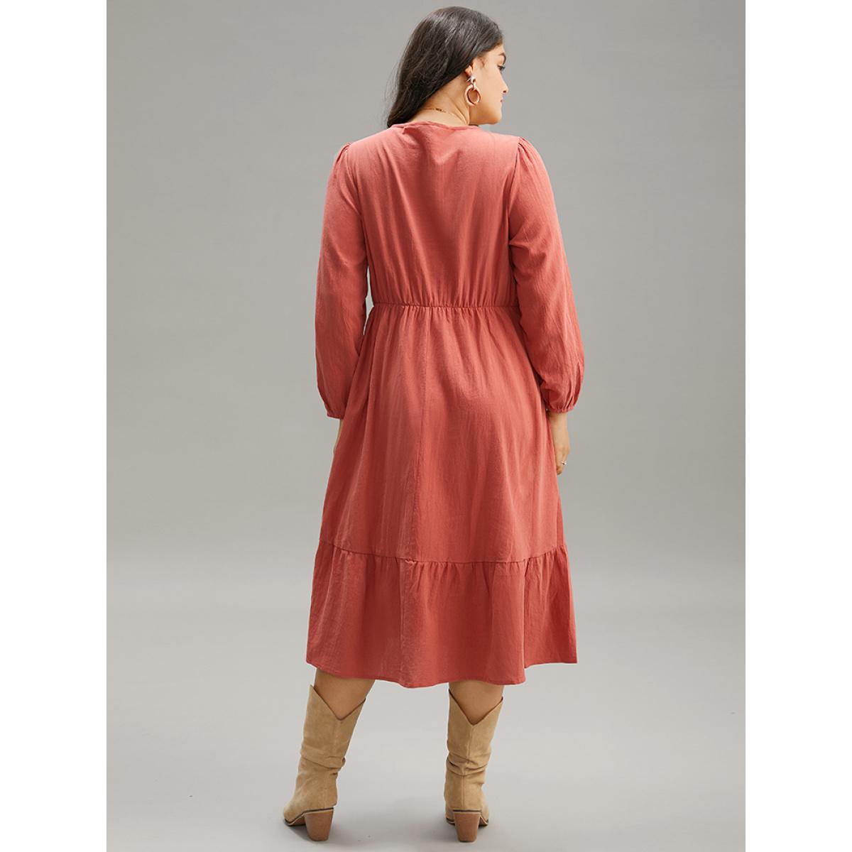 Plus Size Solid Lace Panel Wrap Patchwork Dress Rust Women Vacation Elastic cuffs V-neck Long Sleeve Curvy Midi Dress BloomChic 14-16/1X Product Image