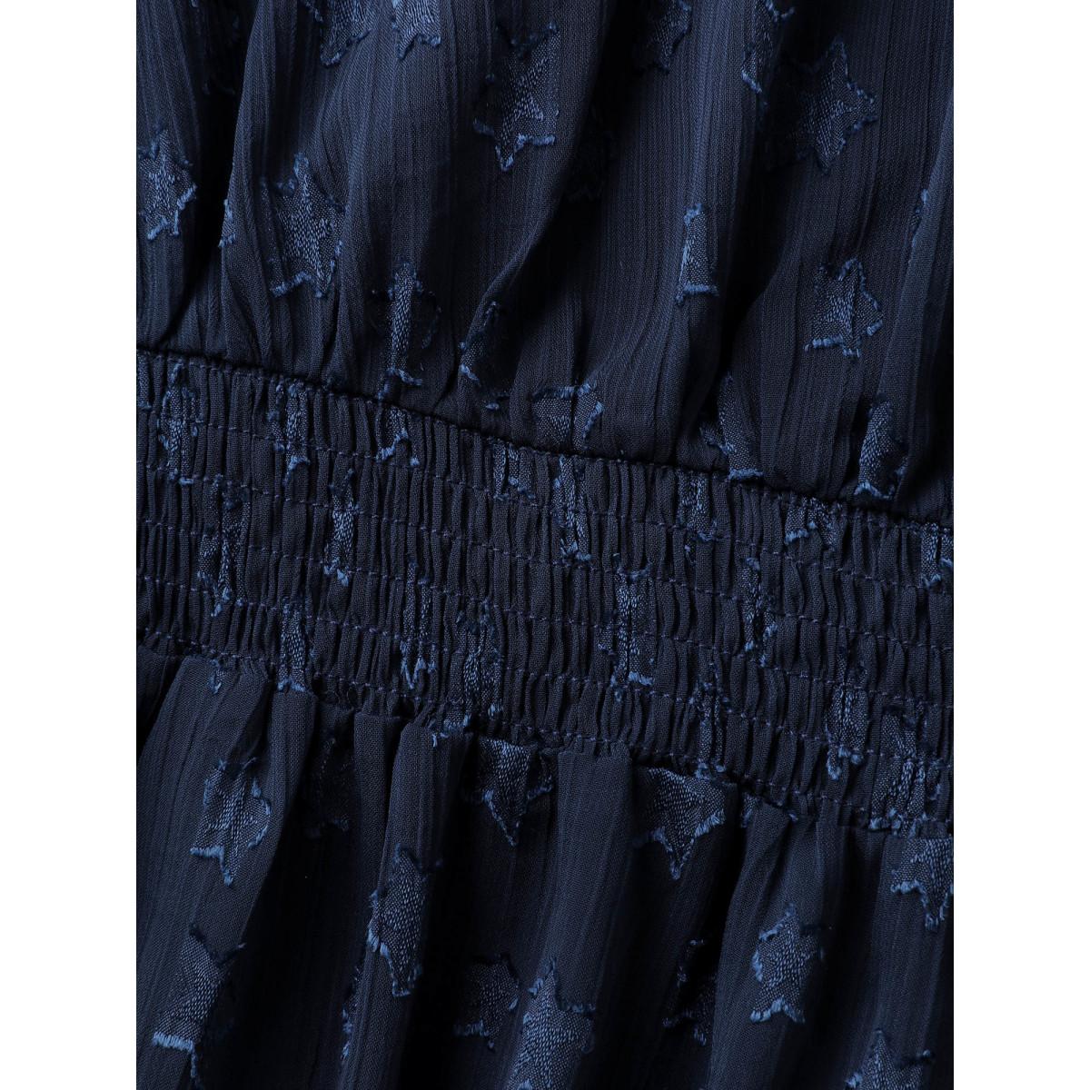 Plus Size Indigo Star Jacquard Print Shirred Ruffled Blouse Women Party&Cocktail Extra Long Sleeve Boat Neck Party Blouses BloomChic 14-16/1X Product Image