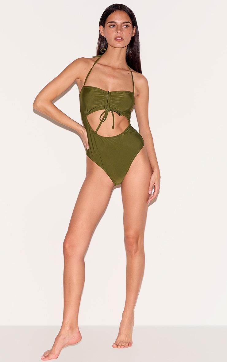 Khaki Halter Neck Cut Out Swimsuit Product Image