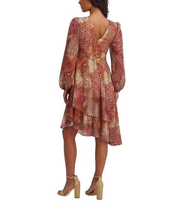 SIENA Long Sleeve V-Neck Printed Shimmer Asymmetrical Knee Length Dress Product Image