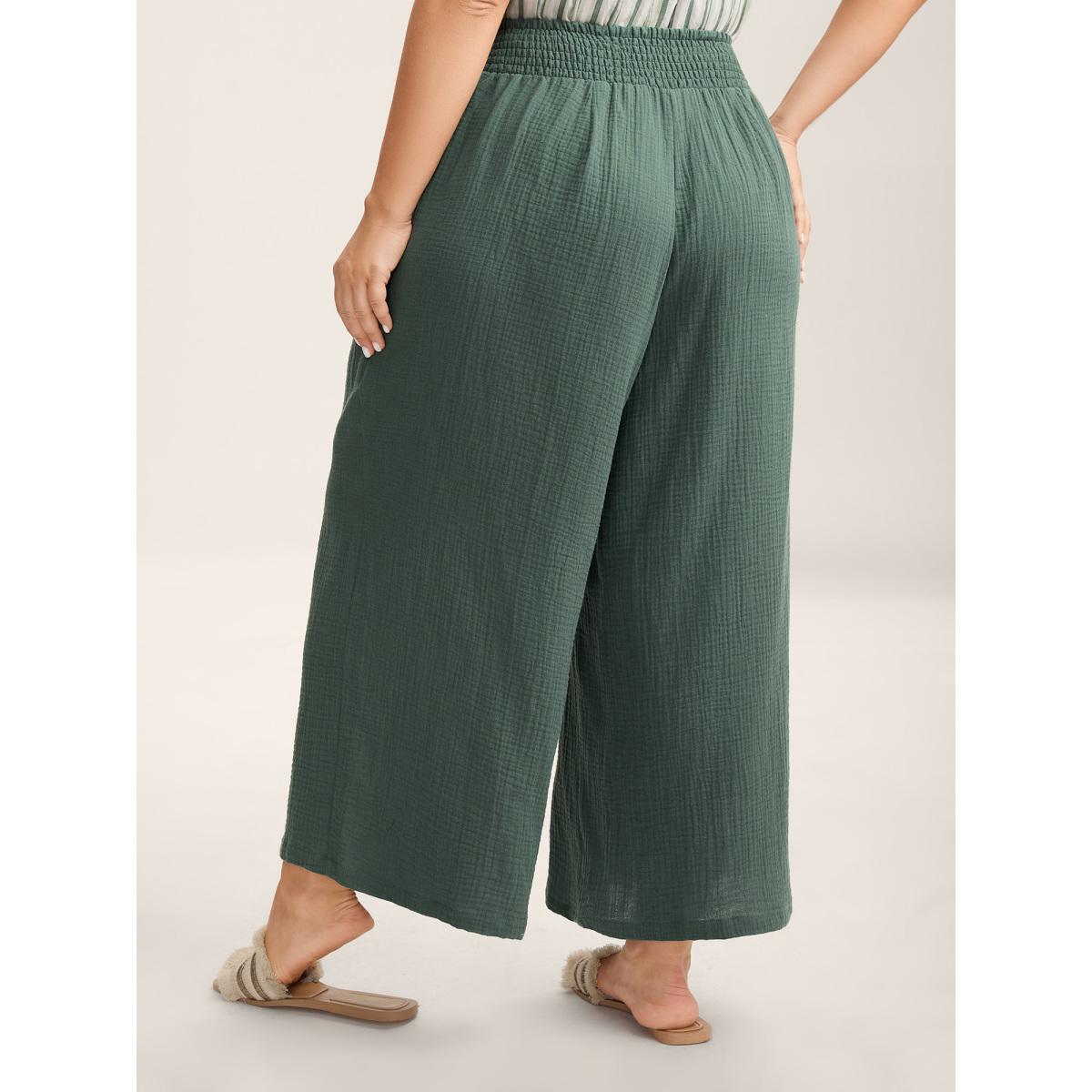 Plus Size Cotton Shirred Textured Wide-Leg Pants Women Teal Boho Wide Leg Mid Rise Vacation Pants BloomChic 26/4X Product Image