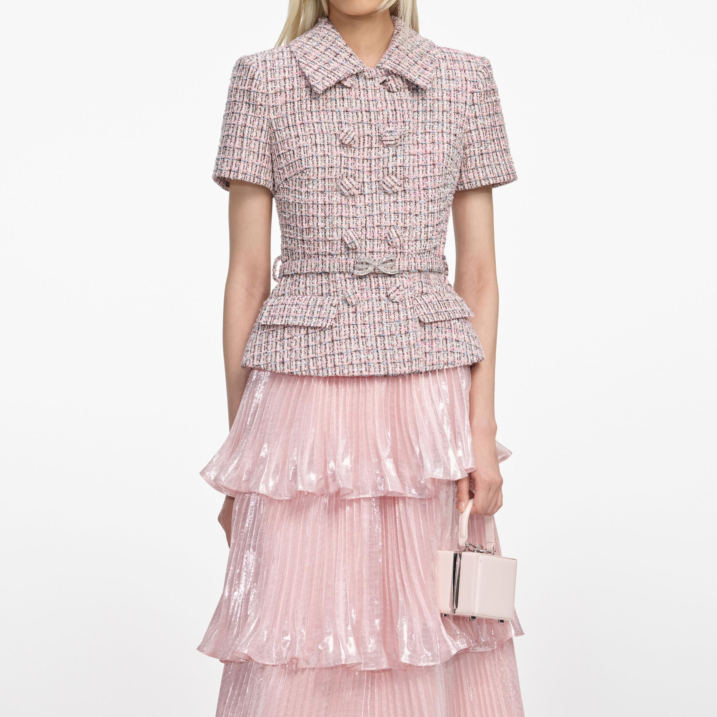 Pink Boucle Metallic Tiered Midi Dress Product Image
