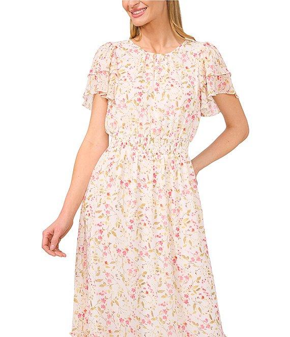 CeCe Round Neck Short Sleeve Floral Print Smocked Waist Maxi A-Line Dress Product Image