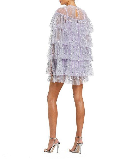 Mac Duggal Pearl Trim Tier Ruffles Mini Cape Dress Product Image