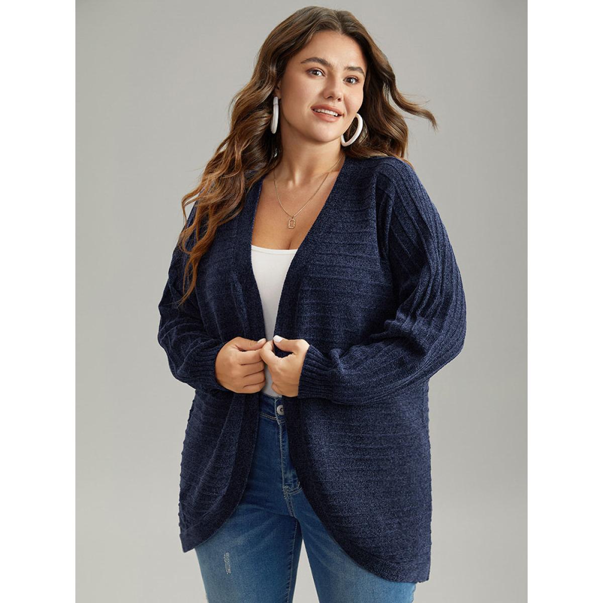 Plus Size Plain Textured Dolman Sleeve Arc Hem Cardigan Indigo Women Casual Loose Long Sleeve Dailywear Cardigans BloomChic 18-20/2X Product Image
