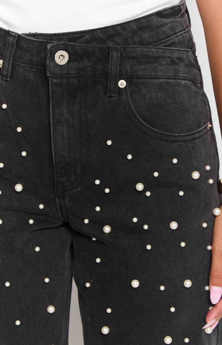 Denim Dazzle Pearl Black High Waisted Jeans Girls Product Image