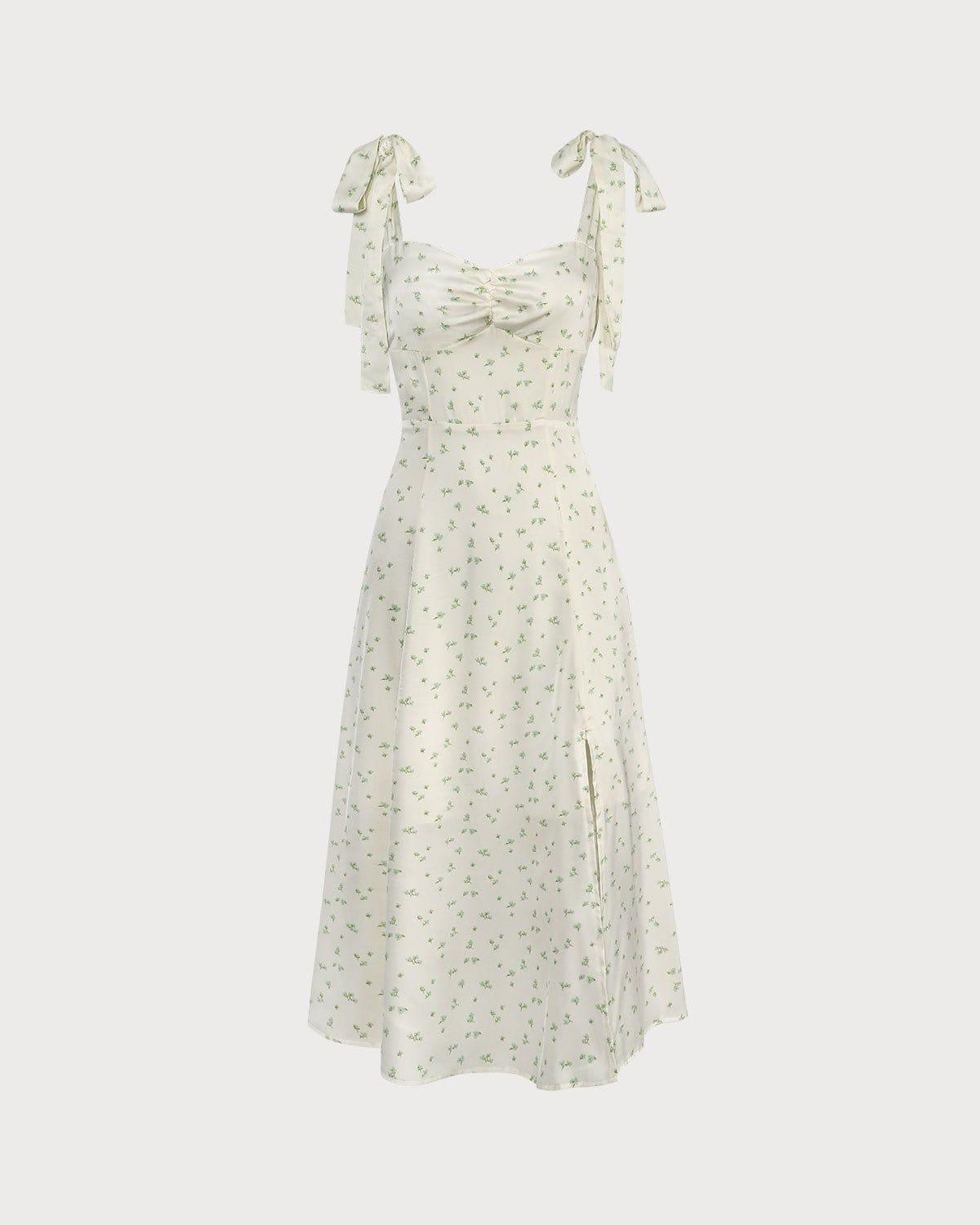 The Light Green Satin Floral Tie Strap Slit Midi Dress Product Image