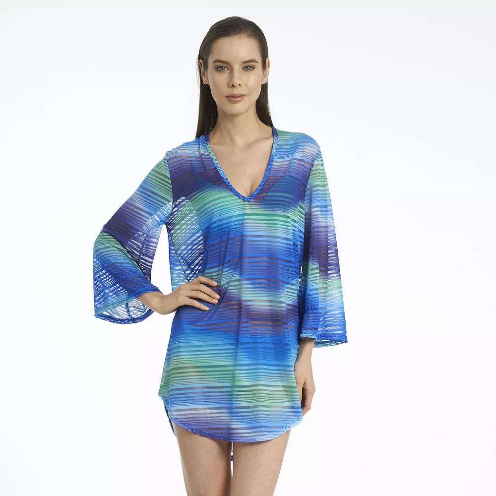 Women's Jordan Taylor V-Neck Bell Sleeve Swim Cover-Up Tunic, Size: Medium, Blue Product Image