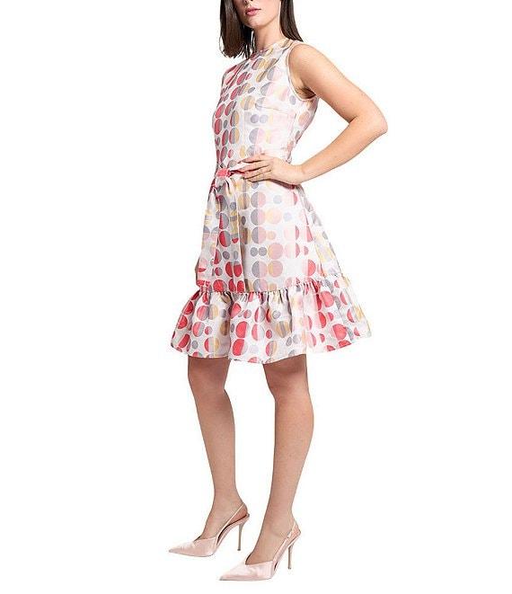 Ming Wang Novelty Woven Jacquard Polka Dot Crew Neck Sleeveless A-line Belted Sheath Dress Product Image