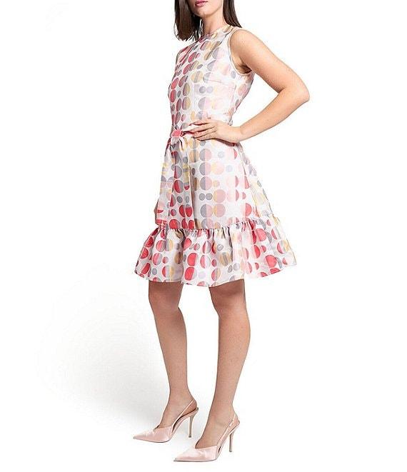 Ming Wang Novelty Woven Jacquard Polka Dot Crew Neck Sleeveless A-line Belted Sheath Dress Product Image