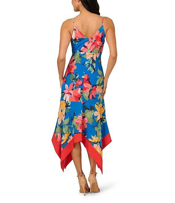 Adrianna Papell V-Neck Spaghetti Straps Floral Print Chiffon Asymmetrical Hem Midi Dress Product Image