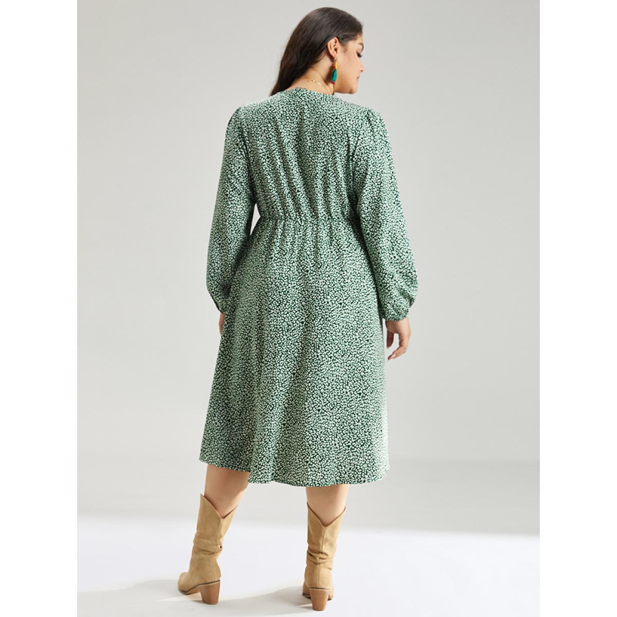 Plus Size Leopard Print Elastic Cuffs Button Detail Dress Green Women Elegant Elastic cuffs V-neck Long Sleeve Curvy Midi Dress BloomChic 18-20/2X Product Image