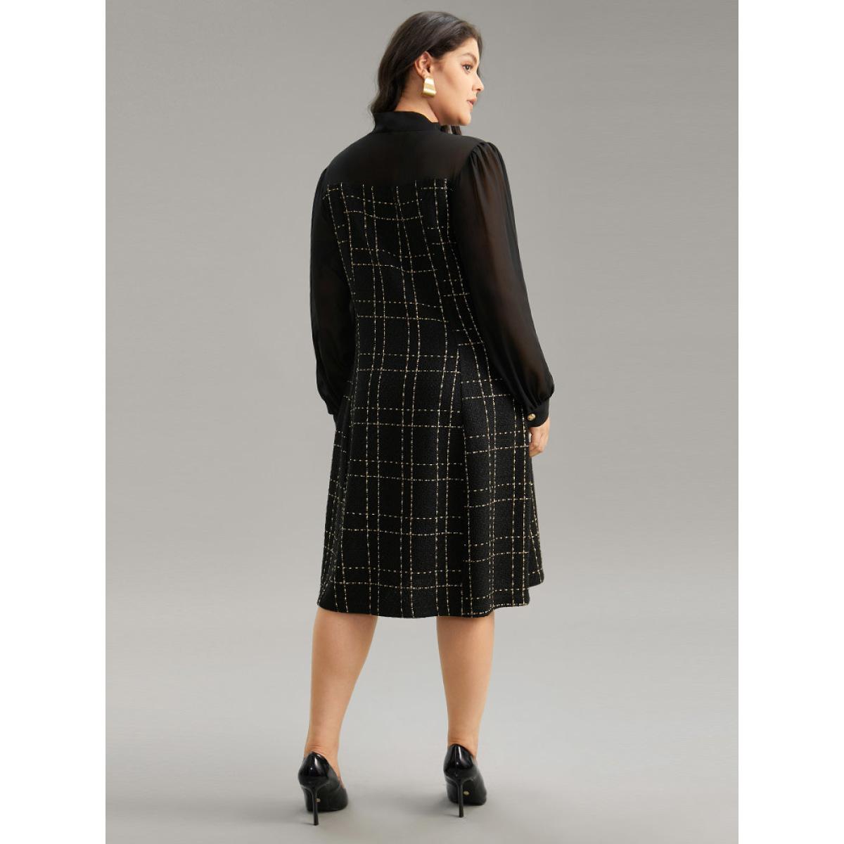 Plus Size Coarse Tweed Patchwork Chiffon Mesh Tie Neck Dress Black Women At the Office Texture Tie Neck Long Sleeve Curvy Midi Dress BloomChic 18-20/2X Product Image