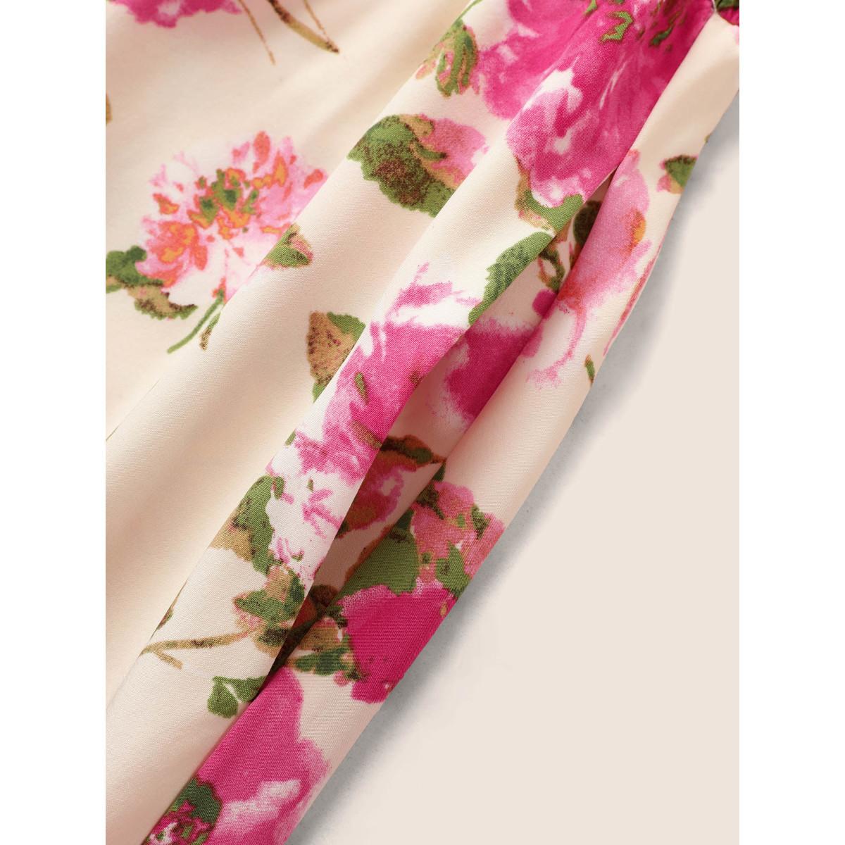 Plus Size V Neck Floral Shirred Flutter Sleeve Dress Ivory Women Elegant Shirred V-neck Short sleeve Curvy BloomChic 10/M Product Image