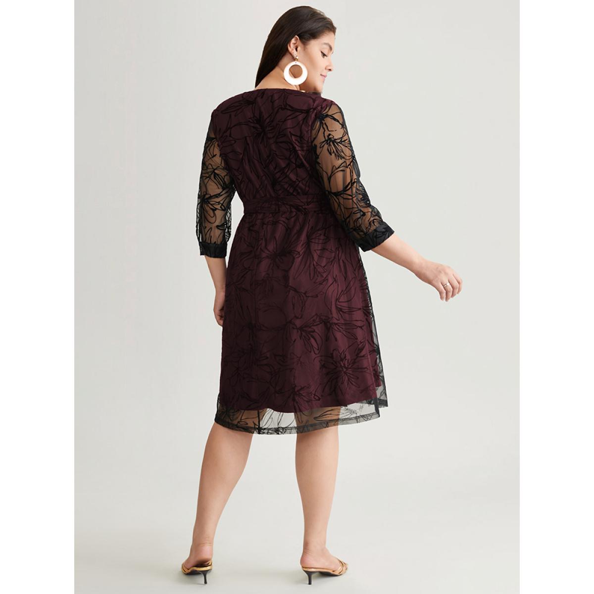 Plus Size Floral Flocked Tulle Belted Dress Burgundy Women Glamour Wrap Overlap Collar Elbow-length sleeve Curvy Knee Dress BloomChic 30/6X Product Image