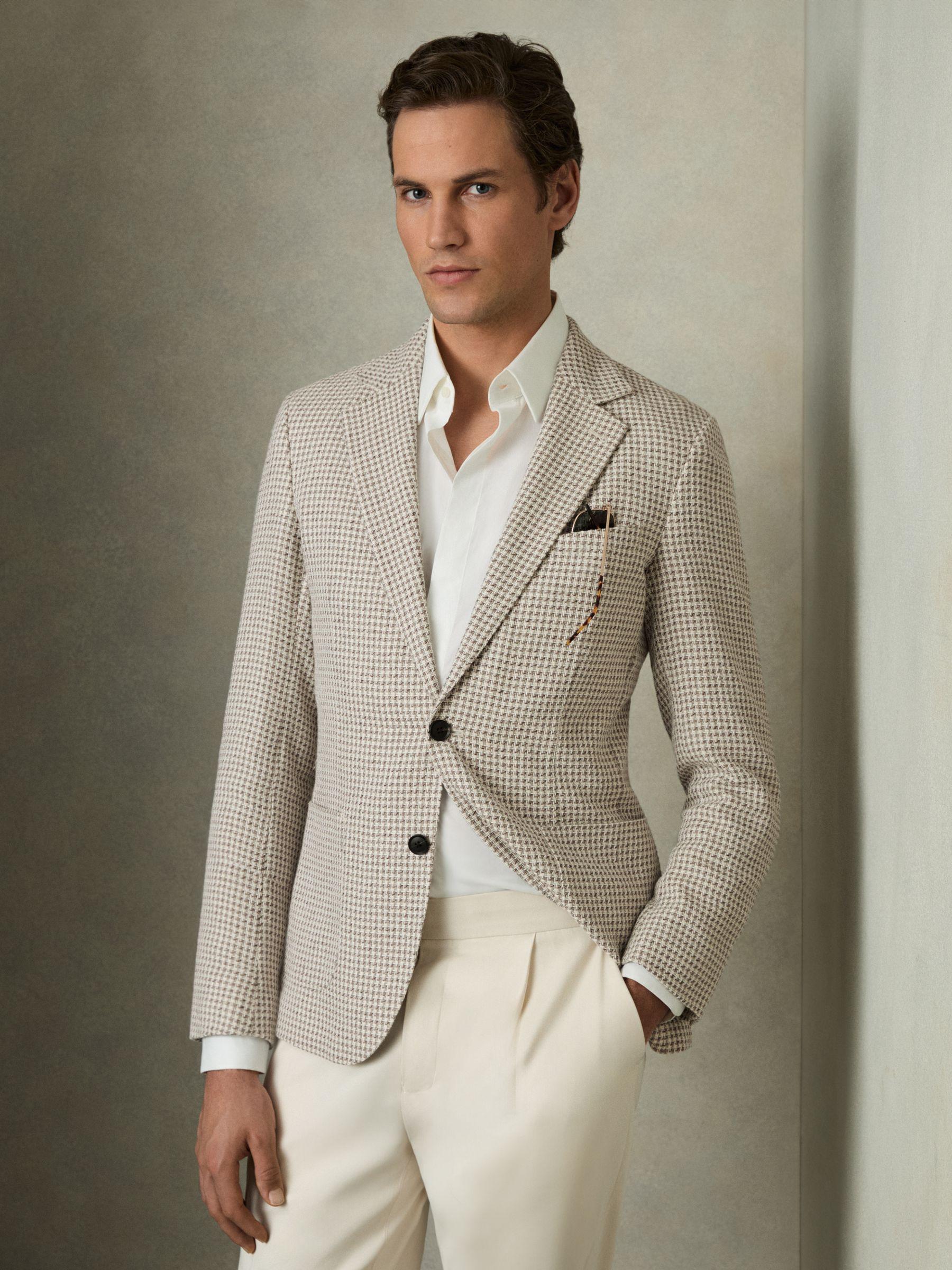 Slim Fit Linen Single Breasted Check Suit Blazer in Oatmeal Product Image
