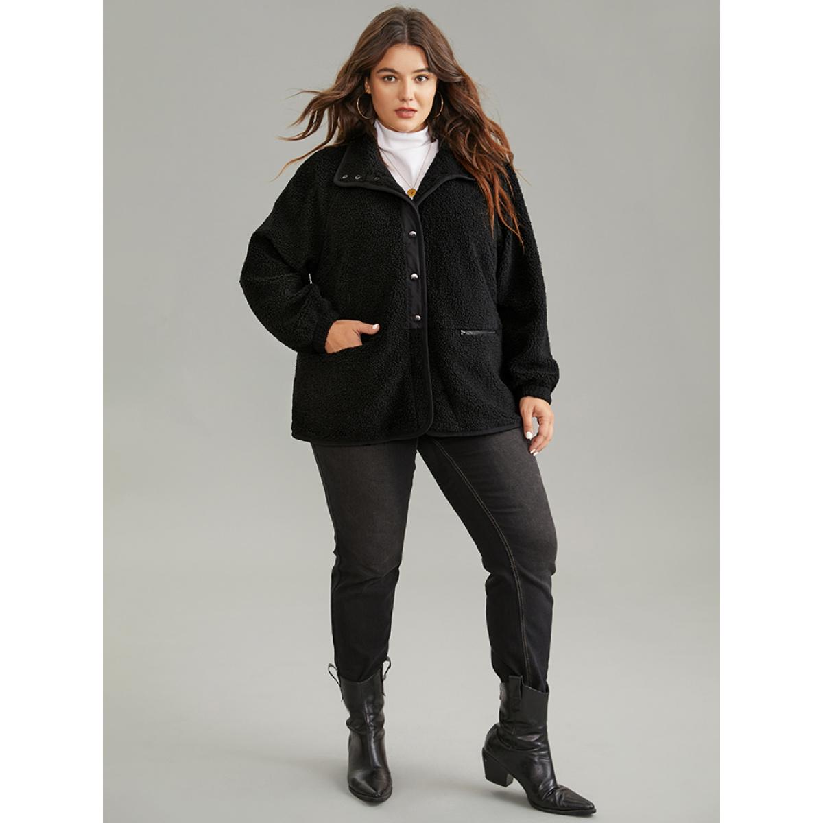 Plus Size Solid Button Through Teddy Coat Women Black Casual Lined Ladies Dailywear Winter Coats BloomChic 12/L Product Image