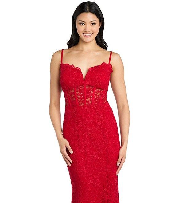 Morgan & Co. Glitter Lace Sweetheart Neck Illusion Corset Keyhole Back Dress Product Image