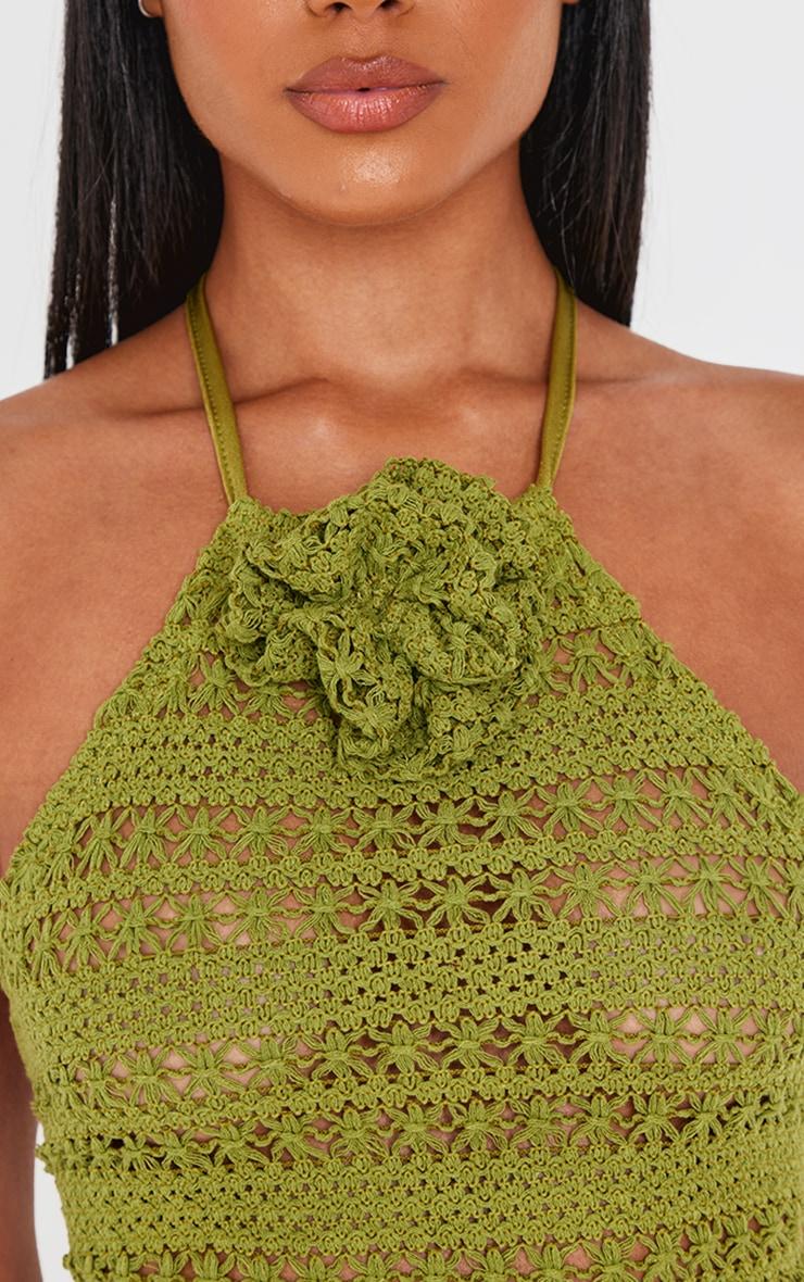 Khaki Crochet Flower Detail Halterneck Beach Top Product Image