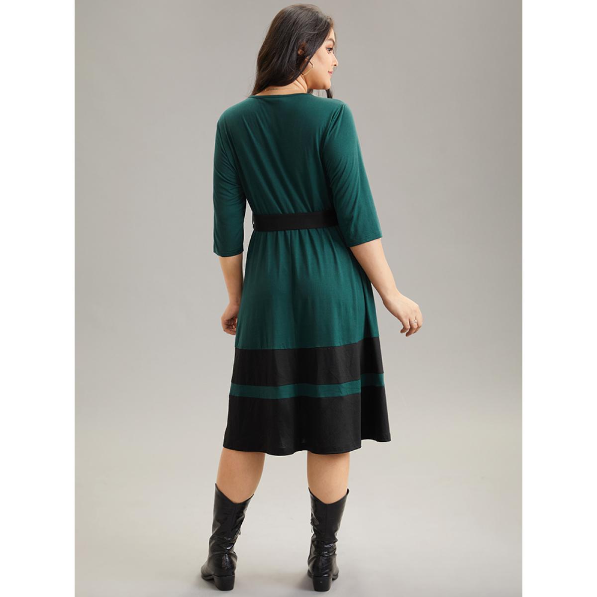 Plus Size Contrast Belted Buckle Detail Elastic Waist Dress DarkGreen Women Casual Belted Round Neck Elbow-length sleeve Curvy Midi Dress BloomChic 14-16/1X Product Image