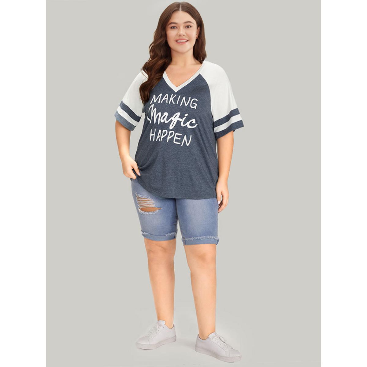 Plus Size Letter Print Patchwork Raglan Sleeve T-shirt Multicolor Women Casual Contrast Letter Dailywear T-shirts BloomChic 12/L Product Image