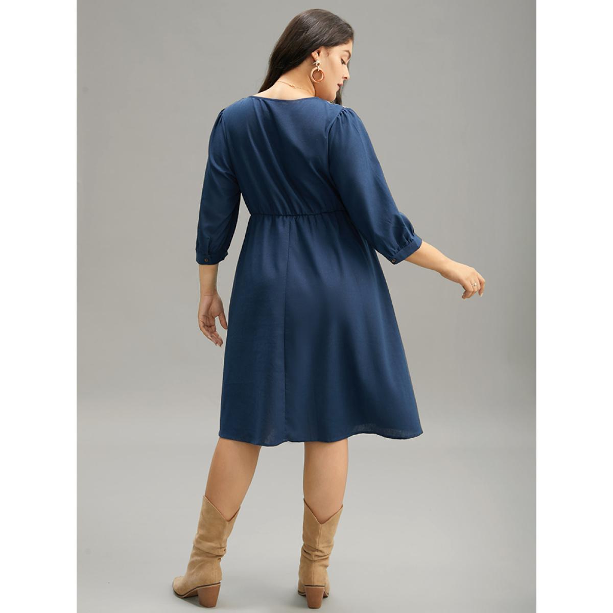 Plus Size Boho Print Striped Patchwork Lantern Sleeve Dress Indigo Women Vacation Printed V-neck Elbow-length sleeve Curvy Midi Dress BloomChic 22-24/3X Product Image