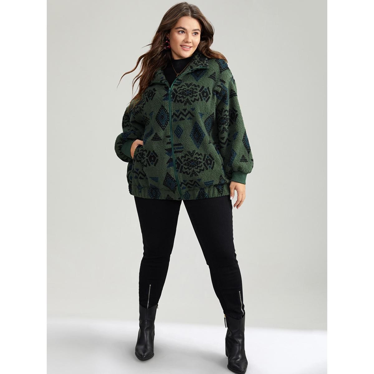 Plus Size Geometric Pocket Gathered Zipper Jacket Women Green Zipper Pocket Casual Jackets BloomChic 18-20/2X Product Image