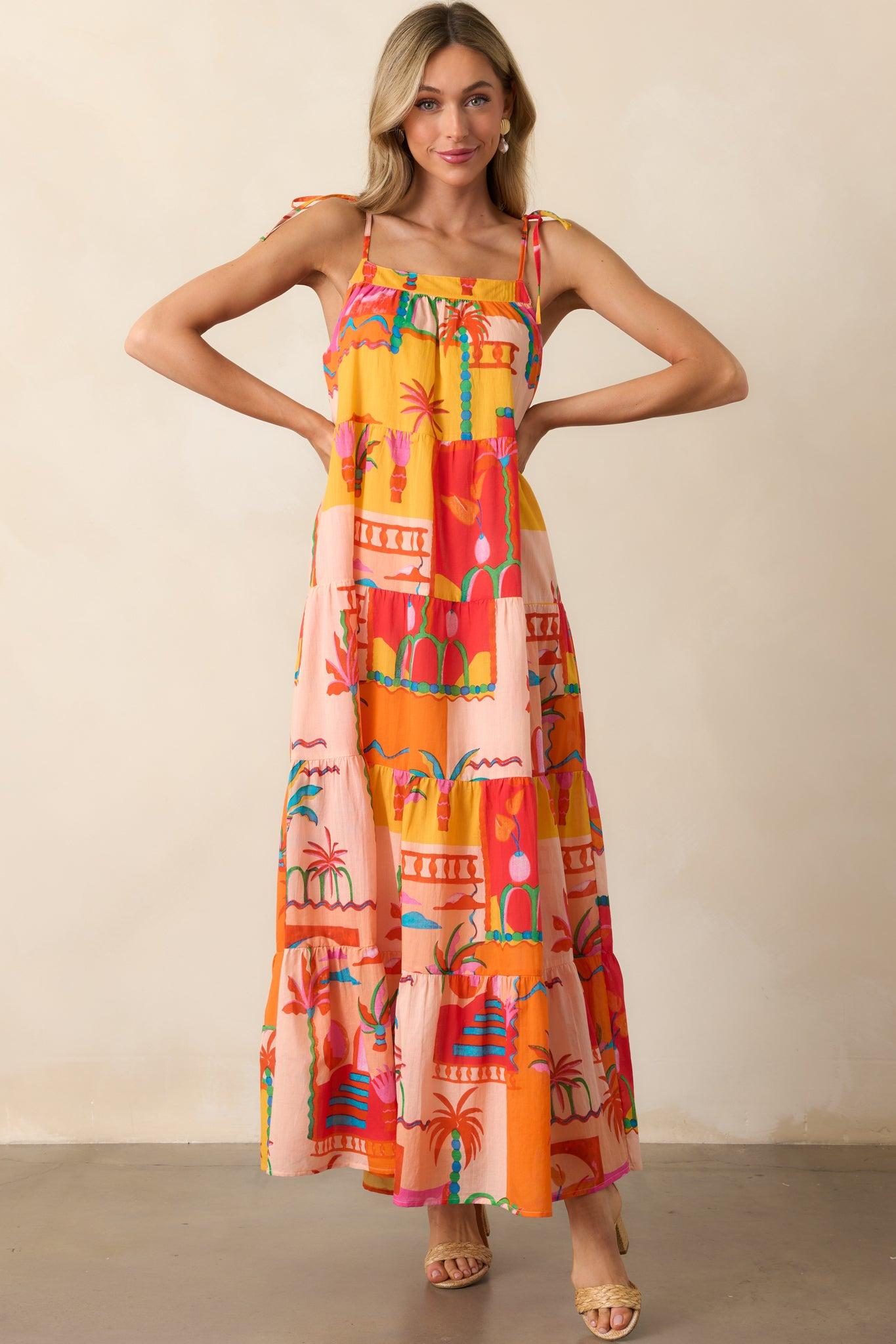 Seaside Soiree Orange Tropical Print Cotton Maxi Dress Product Image
