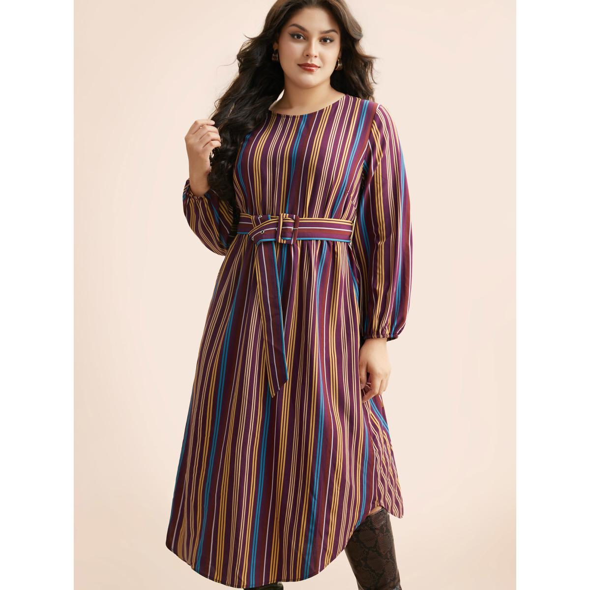 Plus Size Round Neck Contrast Striped Belted Dress Deeppurplered Women At the Office Belted Round Neck Long Sleeve Curvy BloomChic 28/5X Product Image