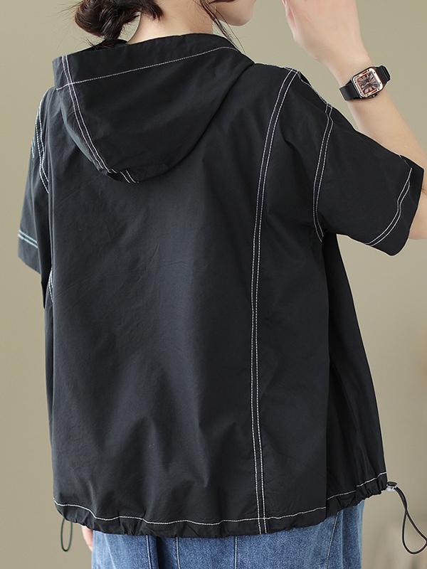 Loose Short Sleeves Zipper Hooded T-Shirts Tops Product Image