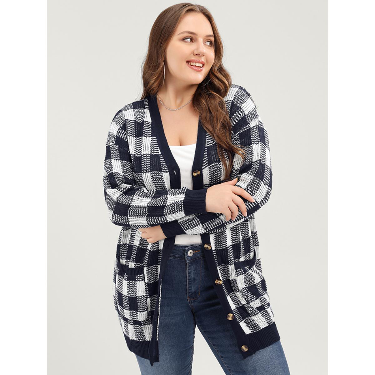 Plus Size Plaid Pointelle Knit Pocket Button Front Cardigan Midnight Women Elegant Loose Long Sleeve Dailywear Cardigans BloomChic 28/5X Product Image