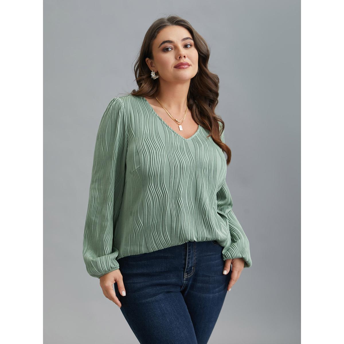 Plus Size Greenbean V-Neck Textured Balloon Sleeve Blouse Women Elegant Extra Long Sleeve Flat collar with V-notch Everyday Blouses BloomChic 18-20/2X Product Image