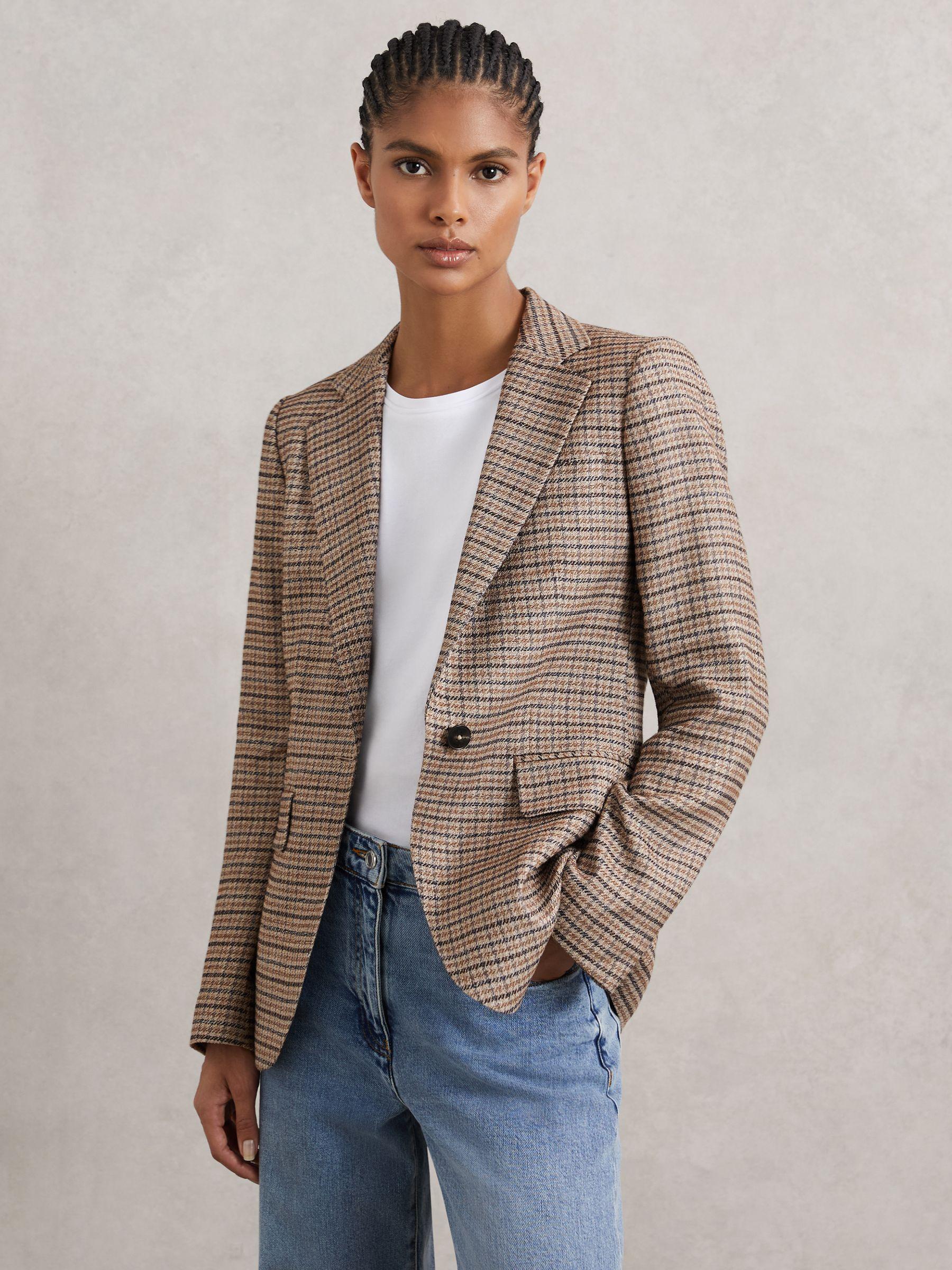 Single-Breasted Check Suit Blazer With Linen in Neutral Check Product Image